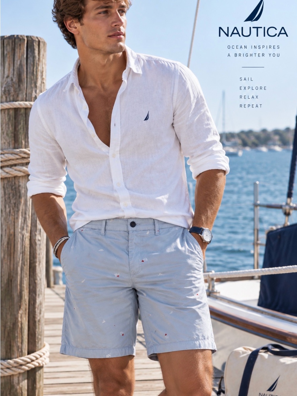 Nautica Light Blue Embroidered Cotton Flat-Front Men's Shorts